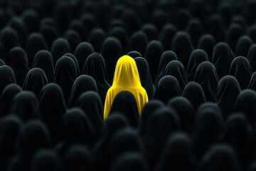 Fototapeta premium A lone figure in bright yellow stands out among a crowd dressed in black clothing at dusk
