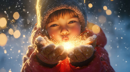 A young child wearing winter gear blows sparkling snowflakes from their hands, capturing a moment of playful winter magic and joy during a snowy day.
