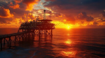 Sunrise Over an Ocean Rig with Golden Light