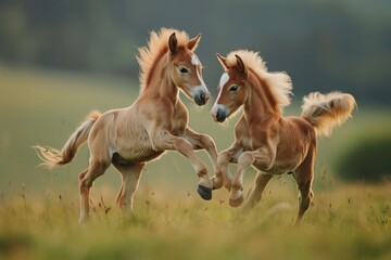 Obraz premium Horse Foals. Two Playful Haflinger Foals Rearing in a Meadow - Cute and Funny Scene