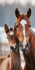 Fototapeta premium Horse With Foal. Beautiful Portrait of Mare and Brown Foal in Natural Setting