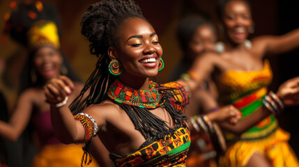 A group of performers on stage, showcasing African dance and music during a Black History Month celebration.