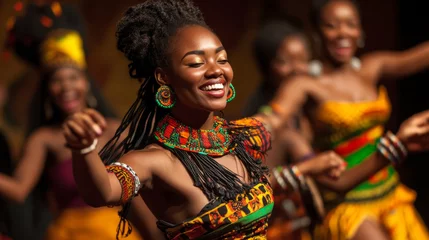 Fotobehang A group of performers on stage, showcasing African dance and music during a Black History Month celebration. © EmmaStock