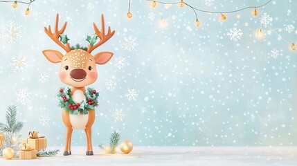 Naklejka premium Reindeer with a Christmas wreath around its neck, surrounded by snowflakes and lights