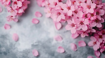 Obraz premium Close up of pink flowers with pink petals and pink leaves. The flowers are scattered on the ground, and the background is a grey wall. Concept of tranquility and beauty