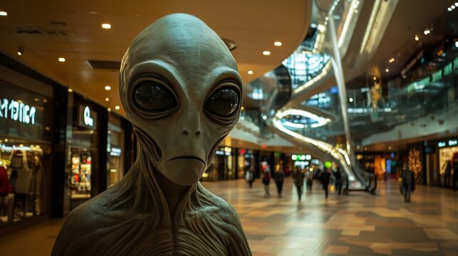Intriguing alien portrait captured amidst the bustling atmosphere of a shopping mall