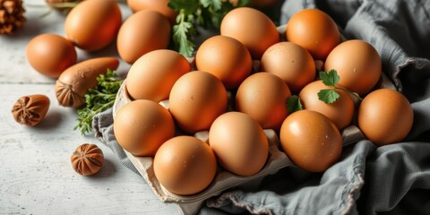 Brown eggs neatly arranged on a gray napkin, photography, food