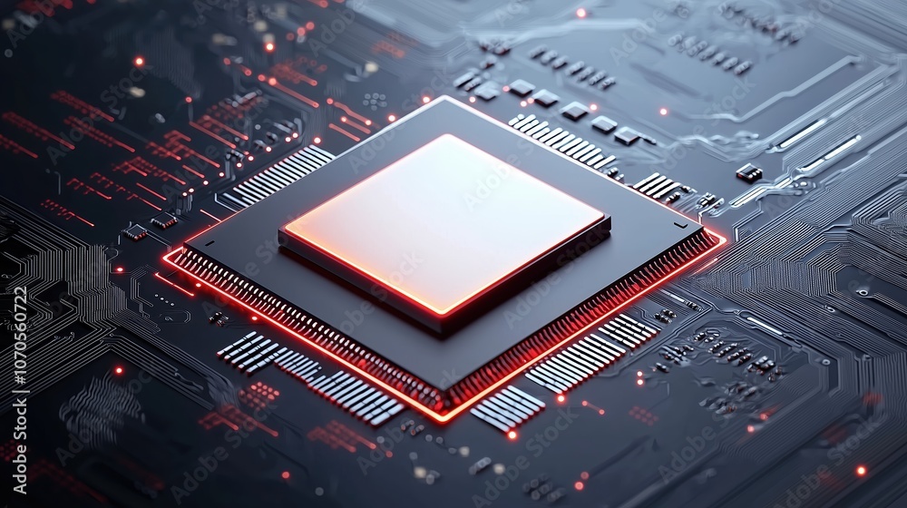 Poster computer chip with red and white lights on it. the chip is a processor and is surrounded by a black 