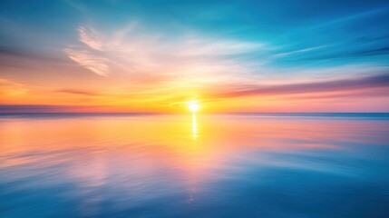 A serene sunset over calm waters, blending vibrant colors in a tranquil atmosphere.