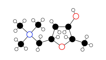 muscarine molecule, structural chemical formula, ball-and-stick model, isolated image alkaloid