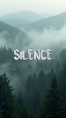 Misty forest landscape with fog and pine trees, typography with word silence, serene nature photograph phone wallpaper
