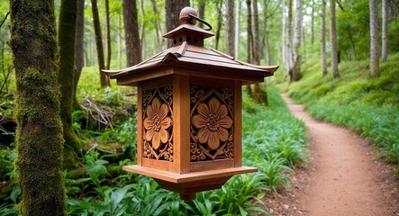 Wooden lantern with floral carvings on a forested trail