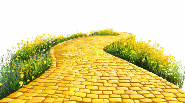 Fototapeta Enchanted yellow brick road leading to magical emerald city in springtime , fantasy, oz, magicians isolated on white background, space for captions, png. Enchanted. Illustration