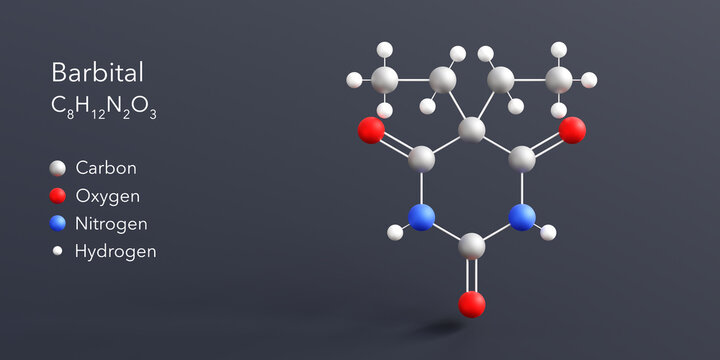 Barbital molecule 3d rendering, flat molecular structure with chemical formula and atoms color coding