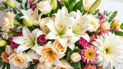 Fototapeta premium A beautiful arrangement of white lilies, roses, and chrysanthemums, reverence, tradition
