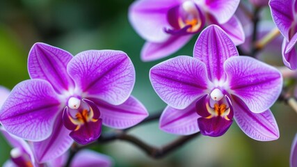 Fototapeta premium Close up shot of vibrant purple orchid flowers in full bloom, showcasing delicate petals and intricate details, orchid, delicate