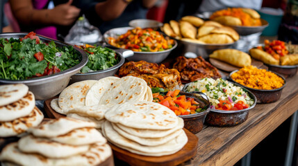 A table full of vibrant Latin American street food, including arepas, pupusas, and empanadas, ready to be enjoyed at a festival.