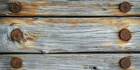 Close-up of weathered wooden planks with visible grain and rusted metal bolts, showcasing natural textures and rustic charm in earthy tones