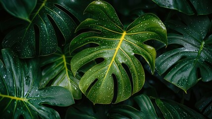 Fototapeta premium Close-up of large green leaves with water droplets.