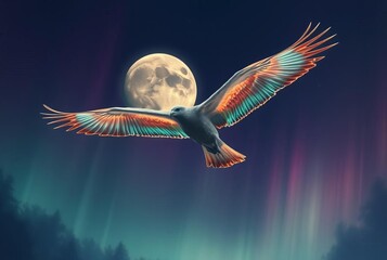 A moon that takes the form of a giant bird its wings made of shi