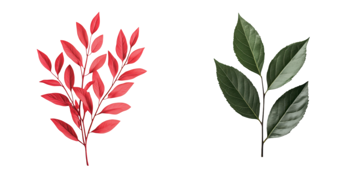 Vibrant Red and Green Foliage Leaves on Branches  Closeup of natural botanical elements with contrast colors textures and patterns  and aesthetic nature concept