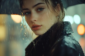 Young woman with wet hair and a black jacket, standing in the rain under a black umbrella, looking at the camera.