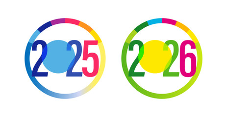 Set of new year 2025 and 2026 round icons. Flat geometric style, colourful design. Badge concept. Business or fiscal year logo template. Web banner. Blue and green colours. Advertising sticker.