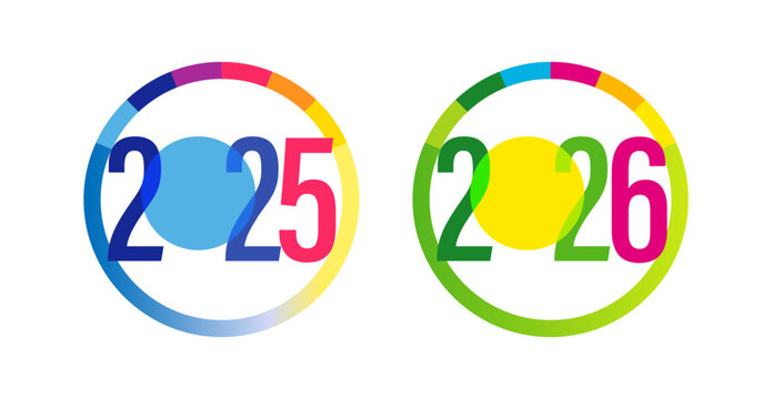 Set of new year 2025 and 2026 round icons. Flat geometric style, colourful design. Badge concept. Business or fiscal year logo template. Web banner. Blue and green colours. Advertising sticker.