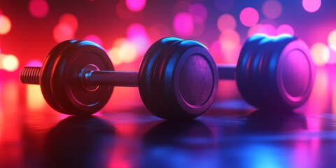 This workout uses dumbbells to strengthen your shoulders and back.  The exercise involves swinging the dumbbells out to your sides. The image shows a colorful background with red and blue lighting.