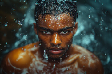 A man of Indian appearance looks at the camera in the pouring rain