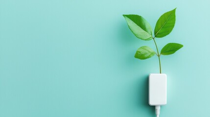 An electric plug with a green leaf growing out of it, symbolizing the transition to renewable energy sources and sustainable practices.
