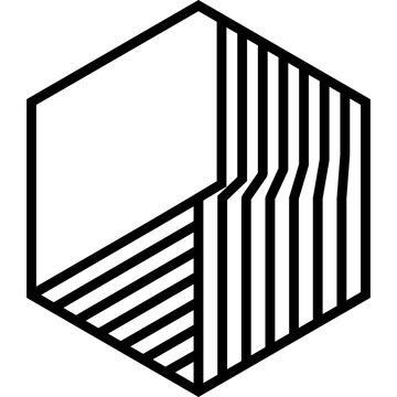 A hexagonal geometric logo design with black lines creating an abstract three-dimensional cubic effect through parallel lines and perspective drawing against a white background.