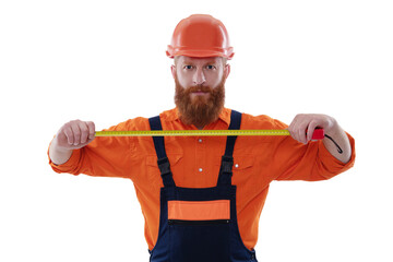Architect worker man hold measuring tape. Bearded man builder worker. Builder isolated on white. Man builder engineer. Architect measuring size. Civil engineer man. Verifying blueprints in real time