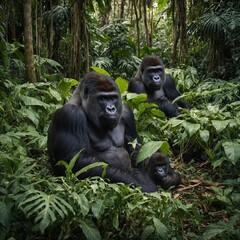 Obraz premium A family of gorillas resting in a rainforest clearing, surrounded by large tropical leaves and vines.