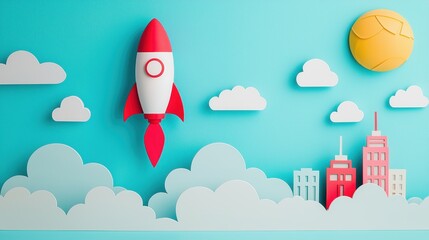 A rocket soaring through the clouds, with a cityscape shrinking below, representing the ability of innovation to propel progress and change.