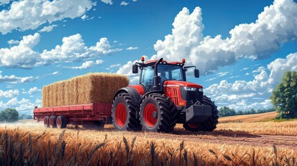 Fototapeta premium Tractor Towing Hay Trailer in Open Countryside