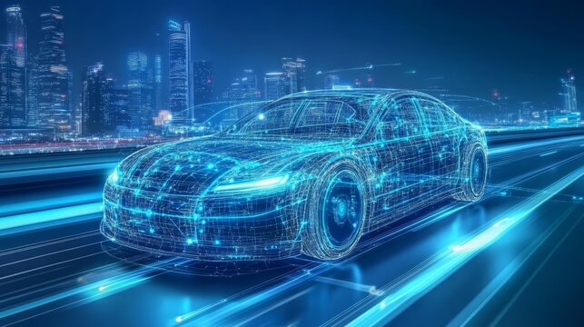 AI-driven autonomous car using sensor networks for adaptive driving, futuristic city road