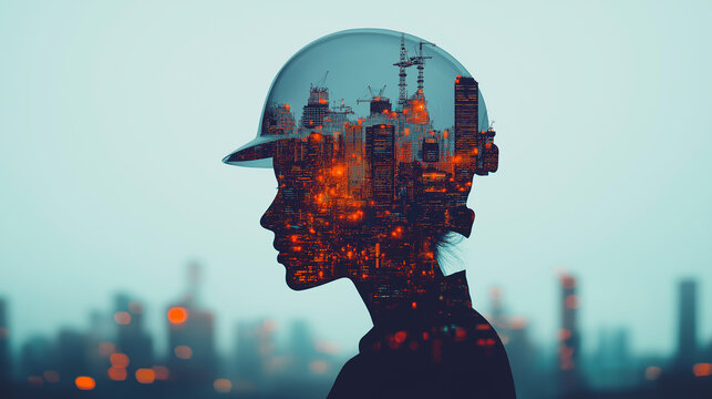 The image shows the translucent shadow of a person wearing an engineer's hard hat over a cityscape. The human concept  in an era dominated by AI and other new technologies or machines , Cinematic ligh