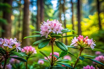 Close-Up View of Ledum Palustre (Rhododendron Tomentosum) Plant in Forest, Showcasing Its Unique Leaves and Flowers with a High Depth of Field for Nature Photography Enthusiasts