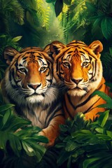 Fototapeta premium Zoological Illustration of a Majestic Bengal Tiger in Its Natural Jungle Habitat
