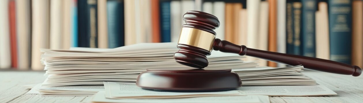 Justice and legal system representation, gavel atop legal documents, vintage-style law library backdrop