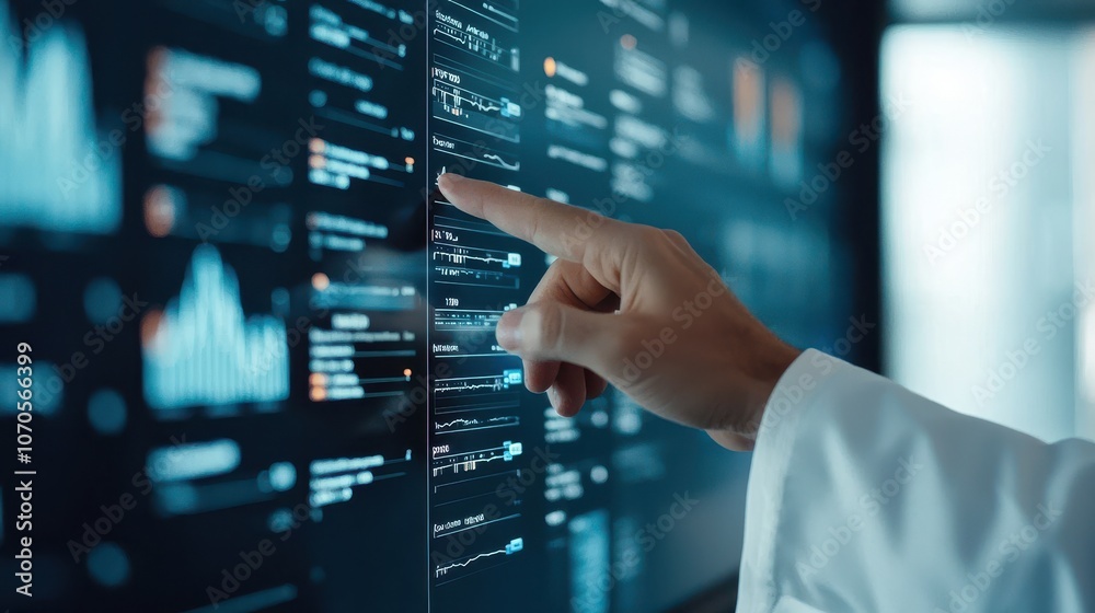 Poster a person in a lab coat interacts with a digital display, showcasing data analysis and graphical visu
