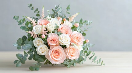 A whimsical bouquet of pastel colored roses, including pink, peach, and cream, arranged loosely with delicate greenery, evoking a soft, romantic feel.