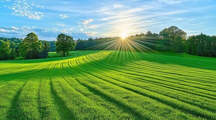Morning sun rising above a green field, rays of light streaming through the trees, natural tranquility