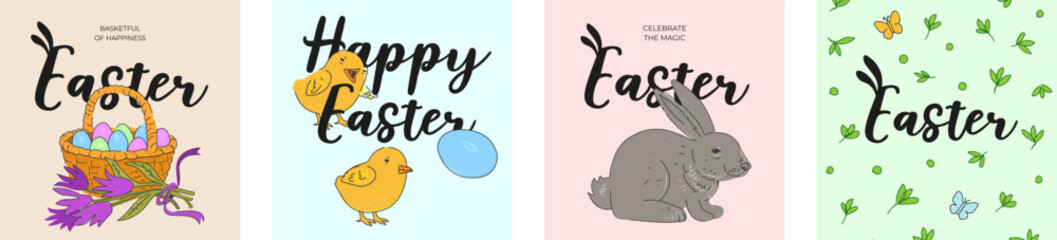 Happy Easter Day holiday square greeting cards. Colorful eggs in basket, cute bunny and chicks. Traditional spring religious celebration banner. Festive decorative drawing flowers, basket and rabbit