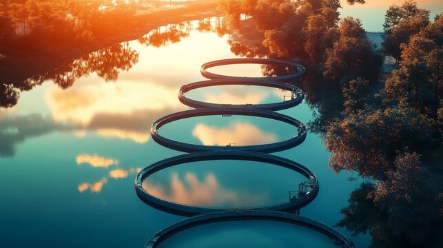 Modern wastewater treatment plant with circular clarifiers, sunset reflections on water, aerial view