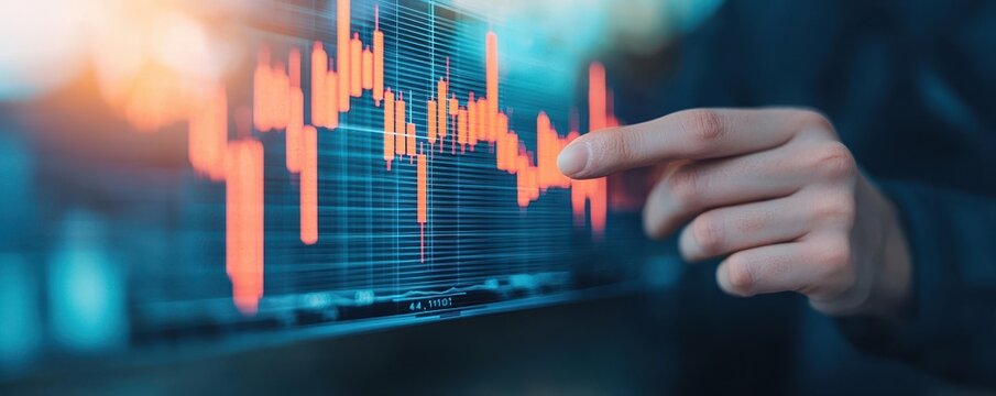 A person analyzing a digital stock market graph with fluctuating lines and bars, emphasizing market trends and data interpretation.