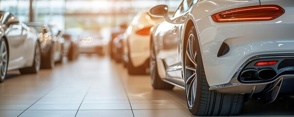 Fototapeta premium Row of luxury sports cars in a high-end showroom, illuminated by warm sunlight reflections