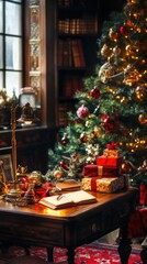 Magical room decorated for Christmas Eve with a green tree adorned with New Year's lights, garlands, and ornaments, and a table covered with gifts and letters for the New Year