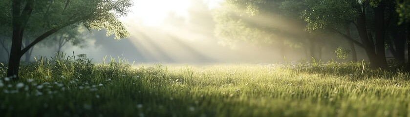Sunbeams illuminating a grassy field at dawn, with clear sky and lush forest edge